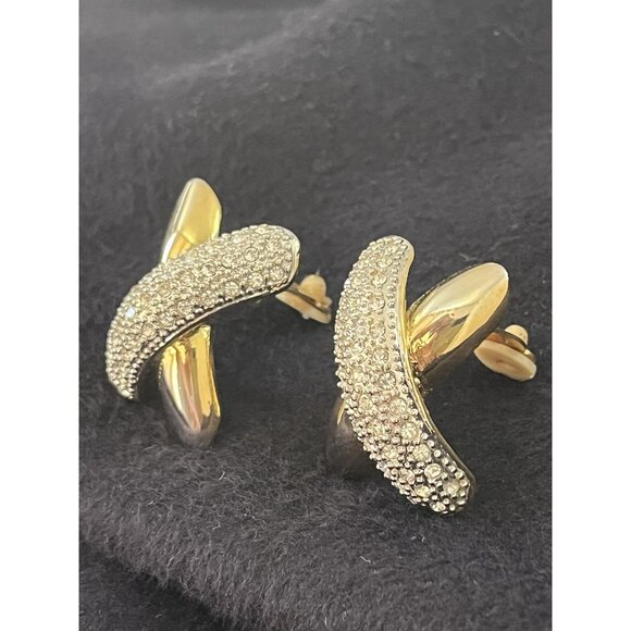 Vtg 90s Mogul gold tone & silver pave crystal designer inspired clip earrings - Picture 7 of 7